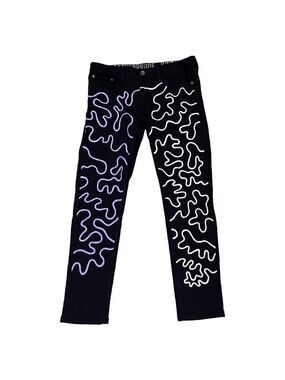 Custom Painted Haring Design Black Denim Streetwear Art Jeans - Mens 36 x 31